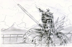 Size: 2370x1543 | Tagged: safe, artist:thedrunkcoyote, queen chrysalis, changeling, changeling queen, g4, clothes, energy weapon, female, lightsaber, monochrome, sith, sketch, solo, star wars, traditional art, weapon