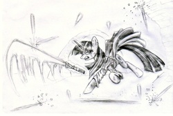 Size: 2416x1624 | Tagged: safe, artist:thedrunkcoyote, twilight sparkle, g4, clothes, female, jedi, lightsaber, monochrome, sketch, solo, star wars, traditional art