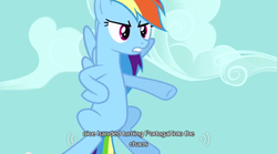 Size: 640x355 | Tagged: safe, screencap, rainbow dash, g4, keep calm and flutter on, female, flying, meme, portugal, solo, youtube caption