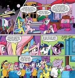 Size: 1040x1075 | Tagged: safe, artist:andypriceart, idw, official comic, applejack, buck withers, diamond rose, fluttershy, lemony gem, pinkie pie, princess cadance, rainbow dash, rarity, shining armor, twilight sparkle, alicorn, earth pony, pegasus, pony, unicorn, g4, neigh anything, spoiler:comic, spoiler:comic12, architecture, background pony, bed, caboodles, clothes, comic, doorbell, faic, female, lemonywithers, levitation, magic, male, mane six, mare, mouth hold, necktie, record, shipping, shirt, speech bubble, stallion, straight, teddy bear, telekinesis, the hoof beats