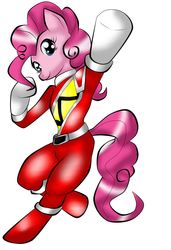 Size: 1085x1587 | Tagged: safe, artist:fourze-pony, pinkie pie, earth pony, pony, g4, clothes, costume, female, kyoryured, nightmare night, power rangers, power rangers dino charge, red ranger, solo, super sentai, zyuden sentai kyoryuger