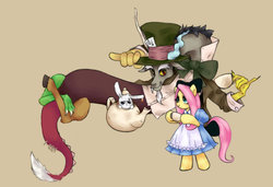 Size: 1024x701 | Tagged: safe, artist:1-084, angel bunny, discord, fluttershy, pony, g4, alice, alice in wonderland, bipedal, bottled character, clothes, crossover, drink, floating, mad hatter, simple background, teapot, trio