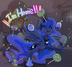 Size: 1000x921 | Tagged: safe, artist:kolshica, princess luna, g4, candy, dialogue, door, eyes closed, female, food, lollipop, nightmare night, solo