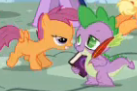 Size: 137x91 | Tagged: safe, screencap, applejack, scootaloo, spike, twilight sparkle, dragon, pegasus, pony, g4, season 4, book, cropped, forced perspective, grin, lidded eyes, lowres, out of context, picture for breezies, quill