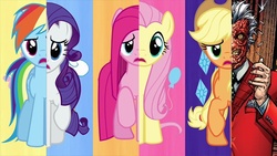 Size: 640x360 | Tagged: safe, applejack, fluttershy, pinkie pie, rainbow dash, rarity, g4, batman, fun, mane six, one of these things is not like the others, two-face, what my cutie mark is telling me