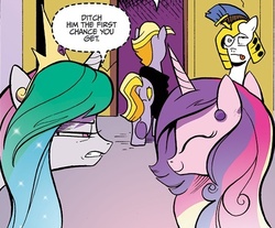 Size: 499x414 | Tagged: safe, artist:andypriceart, idw, buck withers, princess cadance, princess celestia, alicorn, earth pony, pony, g4, spoiler:comic, spoiler:comic12, amused, butt, celestia is not amused, female, gritted teeth, happy, mare, plot, royal guard, unamused