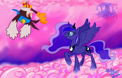 Size: 2200x1410 | Tagged: safe, artist:great9star, princess luna, g4, cloud, cloudy, crossover, klonoa, open mouth, raised hoof, smiling, spread wings, standing, upside down
