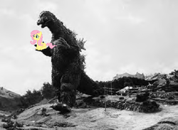 Size: 672x492 | Tagged: safe, fluttershy, kaiju, g4, crossover, cute, godzilla, godzilla (series), godzillashy