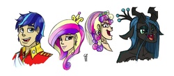 Size: 1247x547 | Tagged: safe, artist:glancojusticar, princess cadance, queen chrysalis, shining armor, changeling, human, anthro, g4, disguise, disguised changeling, fake cadance, human facial structure, humanized