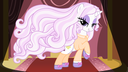 Size: 3840x2160 | Tagged: safe, artist:beavernator, fleur-de-lis, pony, unicorn, g4, beautiful, clothes, eyeshadow, female, hair, hoof shoes, leg warmers, lidded eyes, looking at you, makeup, mare, raised hoof, shirt, show accurate, smiling, solo, younger