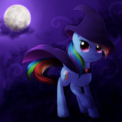 Size: 1050x1050 | Tagged: safe, artist:agletka, rainbow dash, g4, cloak, clothes, female, hat, moon, night, solo