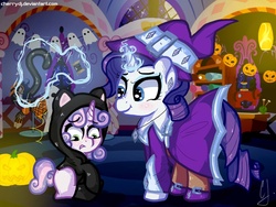 Size: 1024x768 | Tagged: safe, artist:cherrydj, rarity, sweetie belle, cat, g4, clothes, costume, kitty belle, kitty suit, nightmare night, witch