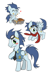 Size: 500x750 | Tagged: dead source, safe, artist:bartolomeus_, soarin', pony, g4, age progression, baby, baby pony, blushing, clothes, colt, colt soarin', cute, pie, scarf, soarinbetes, that pony sure does love pies, uniform, wonderbolts dress uniform, younger