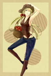 Size: 853x1280 | Tagged: safe, artist:tea-is-mine, applejack, human, g4, apple, armpits, belly button, clothes, cutie mark, female, humanized, jeans, midriff, skinny, solo, thin, wink