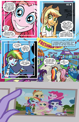Size: 1048x1608 | Tagged: safe, idw, applejack, average aaron, black current, fluttershy, free sky, glass flask, luxury lush, mulberry mist, navy tie, pinkie pie, rainbow dash, rarity, rising embers, skyhigh rise, subtract smarts, window wander, equestria girls, g4, my little pony equestria girls, spoiler:comicannual2013, background human, comic, mane six
