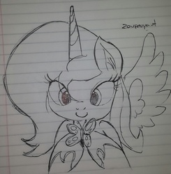 Size: 500x511 | Tagged: safe, artist:zev, princess luna, butterfly, g4, female, filly, grayscale, lined paper, monochrome, paper, photo, sketch, solo, traditional art, woona