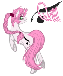Size: 1227x1468 | Tagged: safe, artist:toastiepony, oc, oc only, pony, unicorn, braid, cutie mark, female, green eyes, long mane, long tail, looking at you, mare, name, pink mane, ponytail, quill, smiling, smiling at you, solo, tail, white coat