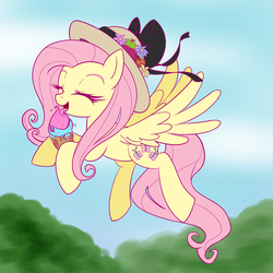 Size: 1500x1500 | Tagged: safe, artist:anthocat, fluttershy, g4, eating, female, flying, food, hat, ice cream, solo