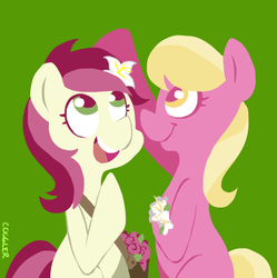 Size: 675x679 | Tagged: safe, artist:coggler, lily, lily valley, roseluck, earth pony, pony, g4, bipedal, duo, female, flower, green background, looking up, mare, rose, simple background