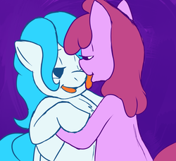 Size: 943x861 | Tagged: safe, artist:skoon, berry punch, berryshine, oc, oc:starcatcher, earth pony, pony, ask berry punch, g4, ask, bipedal, canon x oc, chest fluff, female, lesbian, licking, shipping, tongue out