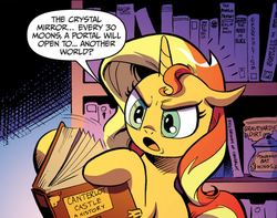 Size: 597x470 | Tagged: safe, artist:andy price, idw, sunset shimmer, pony, unicorn, g4, my little pony annual 2013, spoiler:comic, book, female, library, solo