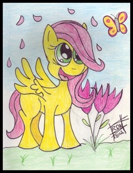 Size: 477x620 | Tagged: safe, artist:rdk, fluttershy, butterfly, g4, childhood, female, filly, foal, solo, traditional art
