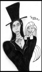 Size: 423x720 | Tagged: safe, artist:rdk, pinkie pie, human, pony, g4, celebrity, confused, crossover, duo, fan, hat, insanity, marilyn manson, monochrome, pinkamena diane pie, top hat, traditional art