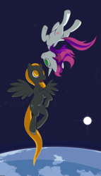 Size: 2400x4200 | Tagged: safe, artist:darkdoomer, derpy hooves, sweetie belle, pegasus, pony, g4, butt, earth, female, legitimately amazing mspaint, mare, ms paint, orbit, plot, space, stars, surreal, zero gravity