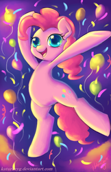 Size: 1024x1583 | Tagged: safe, artist:katurkeyg, pinkie pie, earth pony, pony, g4, balloon, bipedal, colored pupils, confetti, cute, diapinkes, female, open mouth, solo