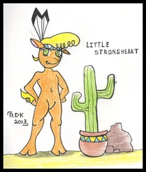 Size: 443x520 | Tagged: safe, artist:rdk, little strongheart, bison, buffalo, anthro, g4, barbie doll anatomy, breastless female, calf, desert, female, solo, traditional art