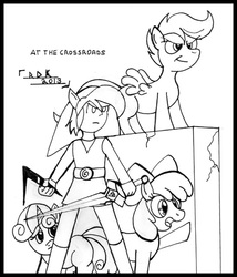 Size: 615x720 | Tagged: safe, artist:rdk, apple bloom, scootaloo, sweetie belle, g4, crossover, cutie mark crusaders, filly, foal, link, monochrome, nintendo, the legend of zelda, video game