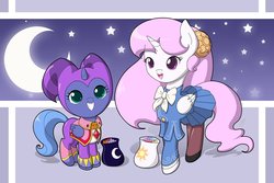 Size: 1095x730 | Tagged: safe, artist:jdan-s, princess celestia, princess luna, g4, candy, capcom, cewestia, clothes, costume, cute, filly, halloween, ingrid, nightmare night, nights, smiling, woona, younger
