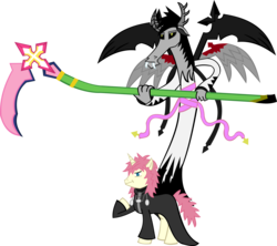 Size: 2971x2644 | Tagged: safe, artist:jewelsfriend, oc, oc:strife, draconequus, clothes, crossover, disney, draconequified, draconequus oc, kingdom hearts, marluxia, multiple wings, ponified, scythe, simple background, transparent background