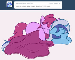 Size: 840x674 | Tagged: safe, artist:skoon, berry punch, berryshine, minuette, earth pony, pony, unicorn, ask berry punch, g4, ask, blanket, female, lesbian, ship:berrygate, shipping, sleeping