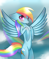 Size: 3937x4677 | Tagged: safe, artist:kyuniko, rainbow dash, pegasus, pony, g4, cloud, female, flying, mare, rainbow trail, signature, sky, solo