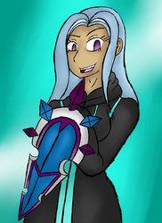 Size: 762x1048 | Tagged: safe, artist:trinity-comettrail, trixie, human, g4, clothes, crossover, disney, female, humanized, kingdom hearts, shield, solo, vexen