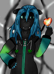 Size: 1700x2338 | Tagged: safe, artist:trinity-comettrail, queen chrysalis, anthro, g4, clothes, crossover, disney, female, kingdom hearts, solo, xemnas