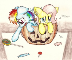 Size: 1200x1000 | Tagged: safe, artist:punk-pegasus, fluttershy, rainbow dash, pegasus, pony, g4, candy, cute, dashabetes, filly, food, halloween, holiday, jack-o-lantern, lollipop, pumpkin, shyabetes, traditional art