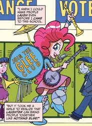 Size: 522x711 | Tagged: safe, idw, official comic, basic brandon, pinkie pie, tangle spangle, equestria girls, g4, spoiler:comic, spoiler:comicannual2013, banjo, bass drum, chimes, clarinet, cymbals, harmonica, musical instrument, one-man band, trumpet