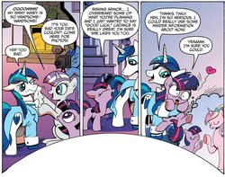 Size: 979x770 | Tagged: safe, idw, official comic, night light, princess cadance, shining armor, twilight sparkle, twilight velvet, pony, unicorn, g4, spoiler:comic, spoiler:comic12, clothes, comic, female, filly, male, mare, stallion, tongue out