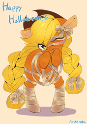 Size: 2893x4092 | Tagged: safe, artist:aruurara, applejack, earth pony, pony, g4, bandage, bipedal, clothes, costume, cute, female, high res, jackabetes, looking at you, mummy, one eye closed, open mouth, pixiv, solo, tangled up, wink
