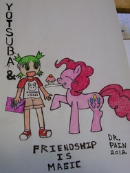 Size: 500x661 | Tagged: safe, artist:drpain, pinkie pie, g4, anime, crossover, cupcake, friendship, koiwai yotsuba, manga, yotsuba