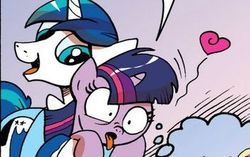 Size: 354x222 | Tagged: safe, artist:andy price, edit, idw, shining armor, twilight sparkle, pony, unicorn, g4, spoiler:comic, cropped, female, filly, filly twilight sparkle, hape, heart, implied incest, implied infidelity, implied shiningsparkle, implied shipping, implied straight, implied twicest, incest, infidelity, male, open mouth, out of context, ship:shiningsparkle, shipping, speech, speech bubble, straight, tongue out, twicest, younger