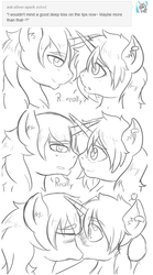 Size: 526x948 | Tagged: safe, artist:imspainter, oc, oc only, oc:paint pints, oc:silver spark, pony, unicorn, :p, blushing, comic, earring, gay, kissing, male, monochrome, sketch