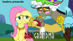 Size: 1280x720 | Tagged: safe, discord, fluttershy, g4, keep calm and flutter on, bad grandpa, granny discord, image macro, jackass, movie poster, parody