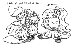 Size: 1000x627 | Tagged: safe, artist:king-kakapo, fluttershy, rainbow dash, pegasus, pony, g4, alternate hairstyle, angry, black and white, bow, cheerleader, clothes, dialogue, ear fluff, embarrassed, flailing, fluffy, grayscale, gritted teeth, headband, lineart, lip bite, monochrome, pom pom, ponytail, scared, shoes, sitting, spread wings