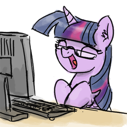 Size: 400x400 | Tagged: safe, artist:king-kakapo, twilight sparkle, ambiguous race, pony, g4, adorkable, computer, cute, dork, eyes closed, female, glasses, laughing, open mouth, reaction image, smiling, solo, twiabetes