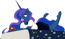 Size: 9205x5561 | Tagged: safe, artist:joey darkmeat, artist:refro82, princess luna, anthro, plantigrade anthro, gamer luna, g4, 3ds, absurd resolution, barefoot, bed, bubblegum, feet, female, soles, solo, toes