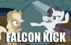 Size: 297x189 | Tagged: safe, applejack, rarity, tom, g4, captain falcon, discorded, falcon kick, fight, meme, super smash bros.