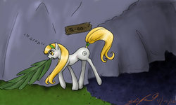 Size: 900x540 | Tagged: safe, artist:arans-thief, oc, oc only, oc:happy tune, earth pony, pony, cave, leaf, solo